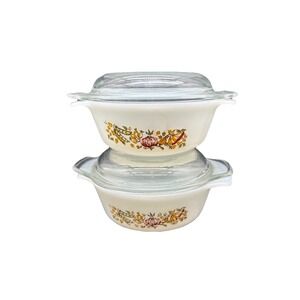 Fire-King #472 Vintage Harvest Vegetable Milk Glass Casserole Bowls w/Lids Pair